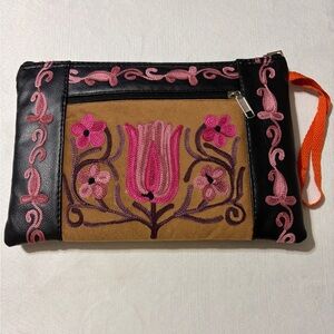 Embroidered Black and Tan Clutch Bag